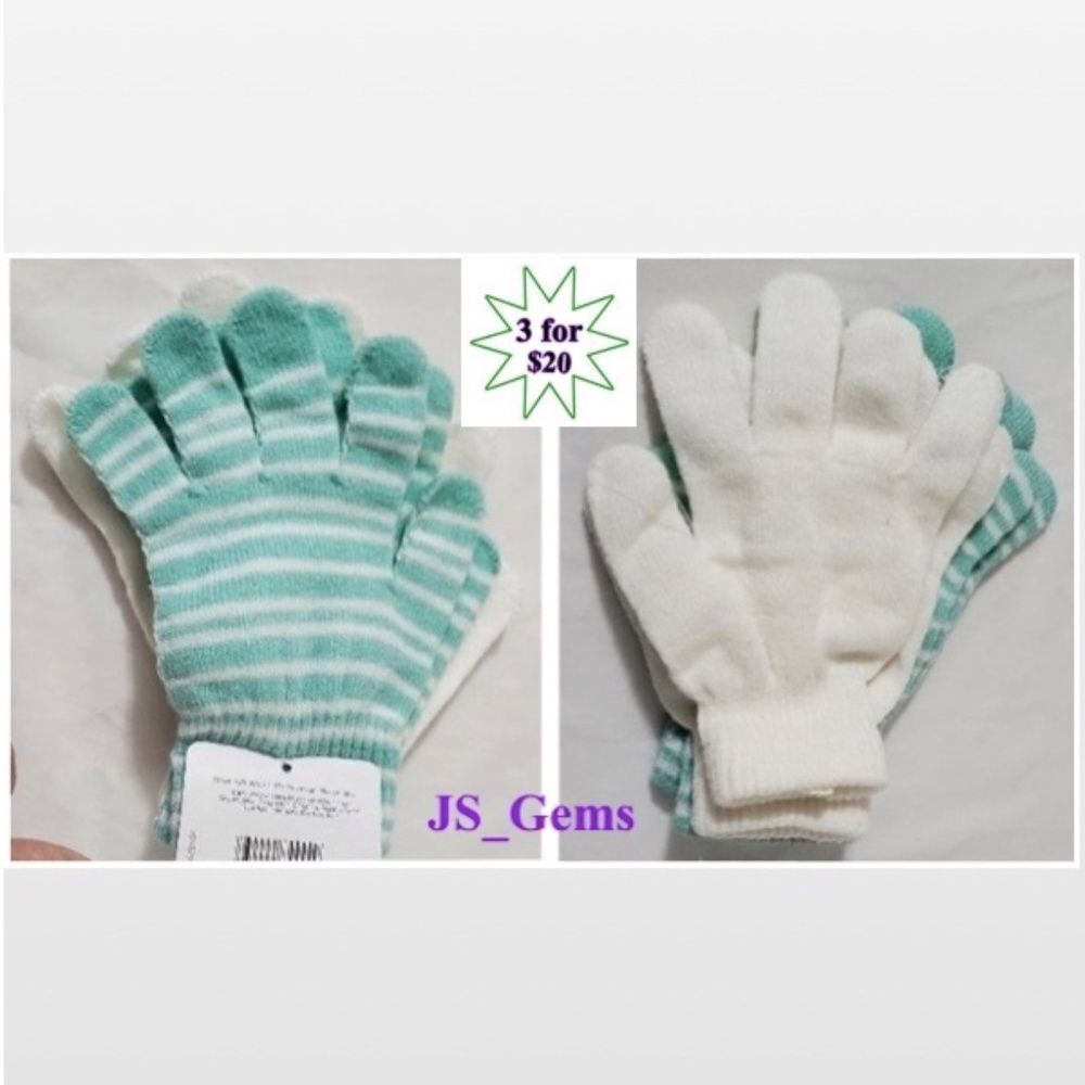 New 2 Pair Gloves Women’s Knit White Green Striped Warm Stretchy NWT